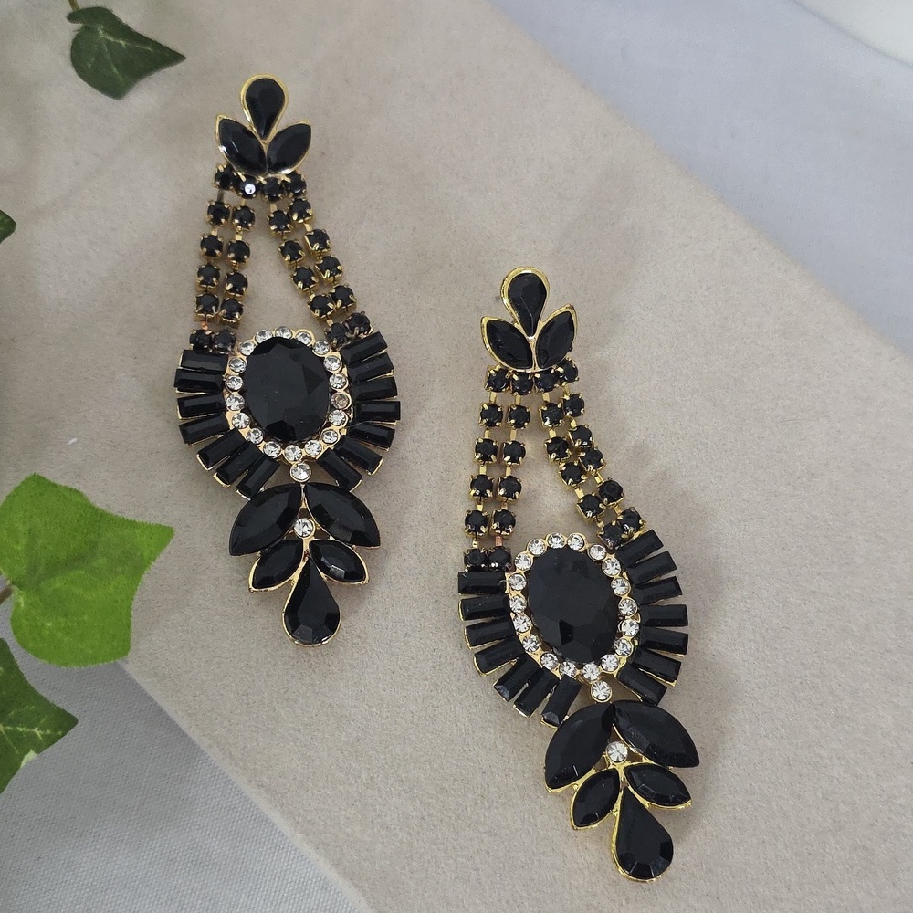 Statement Black and Gold Crystal Rhinestone Chandelier Earrings